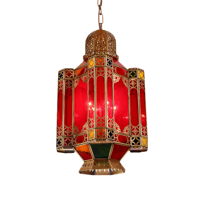 Traditional Lantern Hanging Lamp 4 Lights Red Glass Chandelier - Rebooters