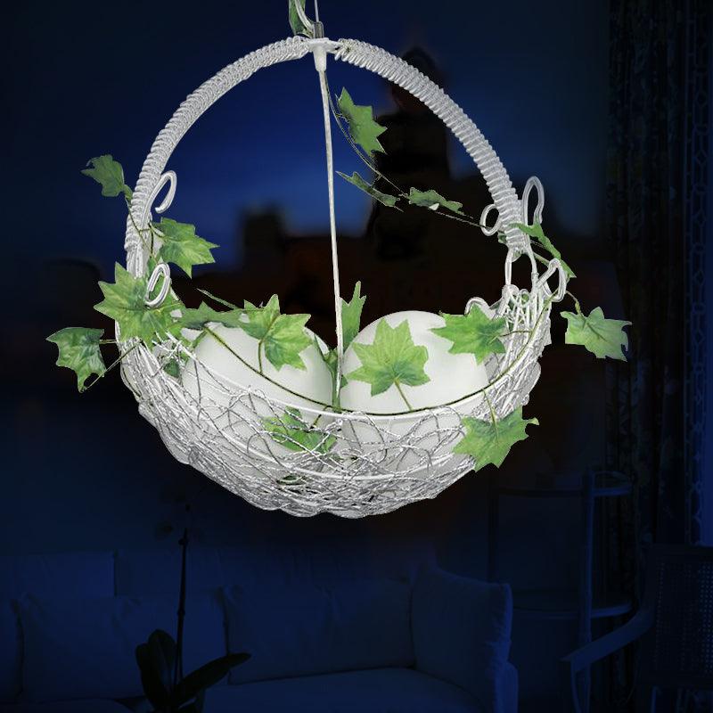 2 Bulbs Basket Chandelier Light Pastoral White Metal Pendant - Rebooters