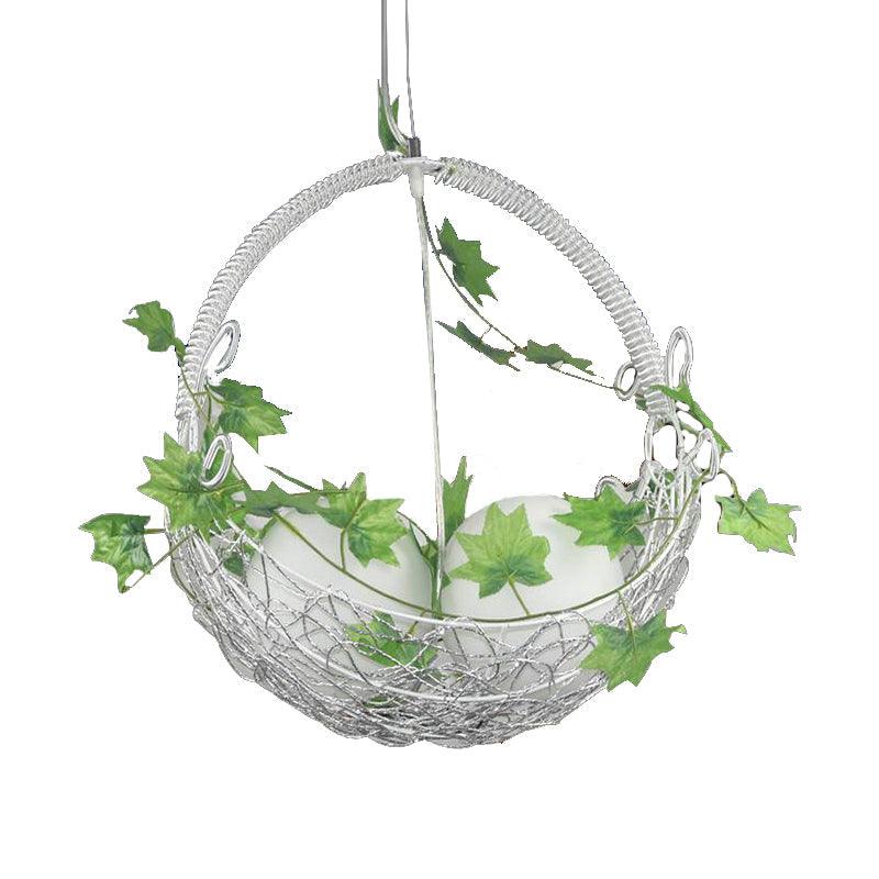 2 Bulbs Basket Chandelier Light Pastoral White Metal Pendant - Rebooters