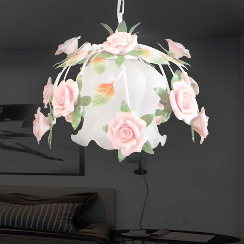 White Glass Flower Pendant Lamp Romantic Pastoral 1 Bulb - Rebooters