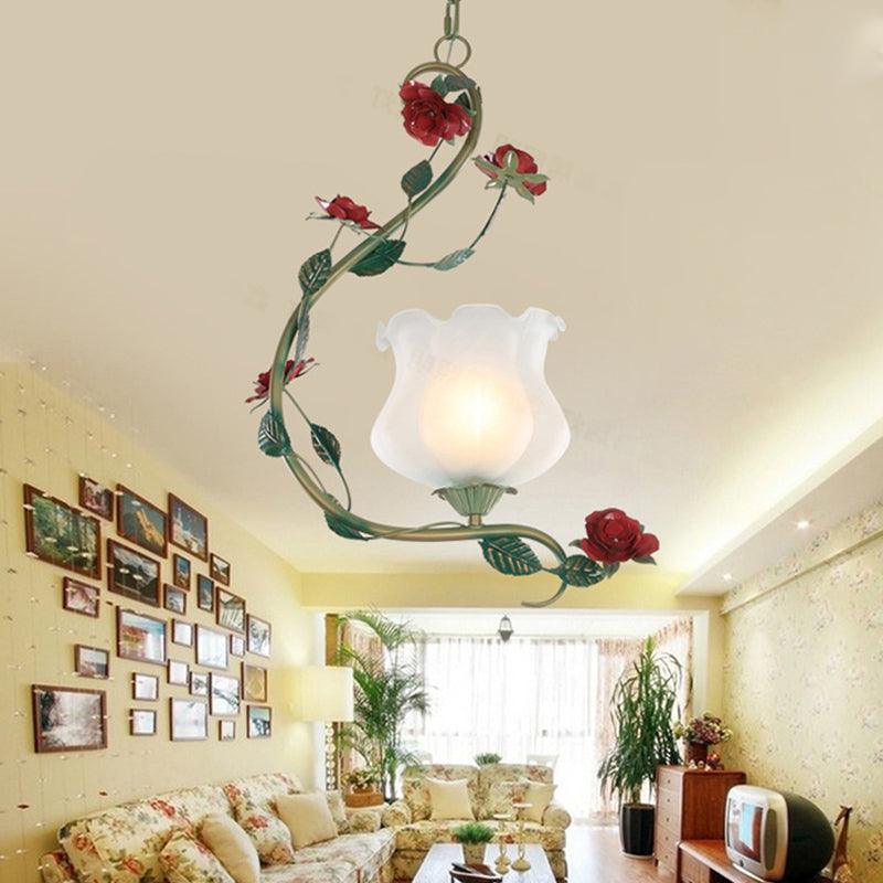 Romantic Pastoral Flower Pendant 1 Light White Glass Ceiling Light - Rebooters