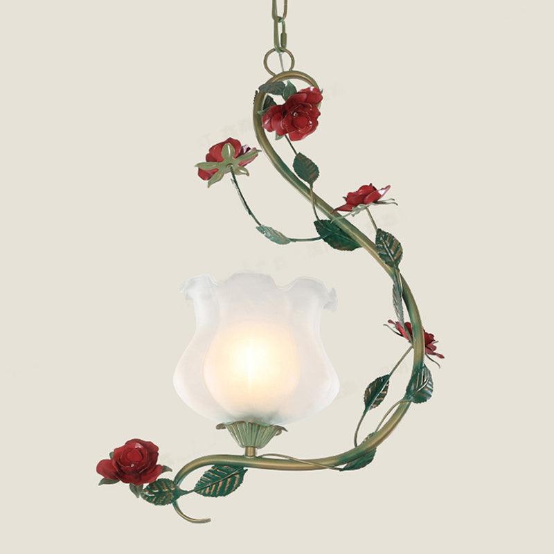 Romantic Pastoral Flower Pendant 1 Light White Glass Ceiling Light - Rebooters