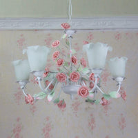 6-Bulb White Glass Chandelier Lamp Pastoral Pink Rose Light - Rebooters
