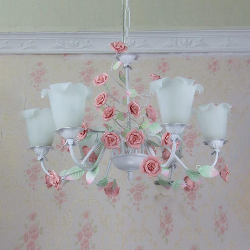 6-Bulb White Glass Chandelier Lamp Pastoral Pink Rose Light - Rebooters