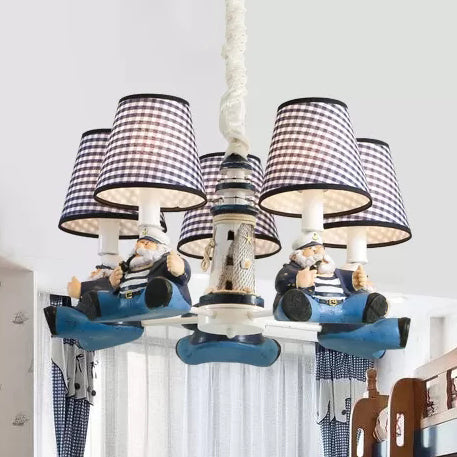 Nautical Style Captain Chandelier with Plaid Shade Metal 5 Lights Blue Pendant Light - Rebooters