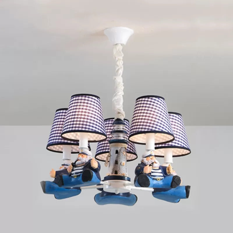 Nautical Style Captain Chandelier with Plaid Shade Metal 5 Lights Blue Pendant Light - Rebooters