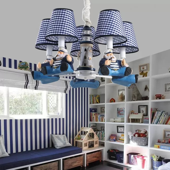 Nautical Style Captain Chandelier with Plaid Shade Metal 5 Lights Blue Pendant Light - Rebooters