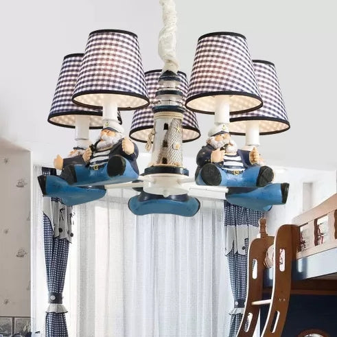 Nautical Style Captain Chandelier with Plaid Shade Metal 5 Lights Blue Pendant Light - Rebooters