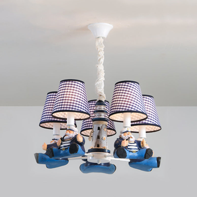 Nautical Style Captain Chandelier with Plaid Shade Metal 5 Lights Blue Pendant Light - Rebooters