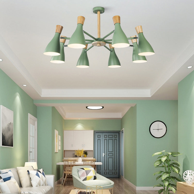 Metal Wooden Horn Shape Hanging Ceiling Lamp 8 Bulbs Chandelier Green - Rebooters