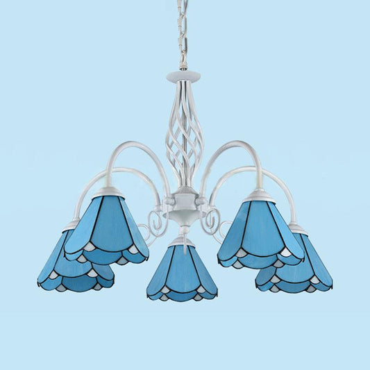 5 Lights Cone Hanging Light with Metal Chain Blue Chandelier - Rebooters