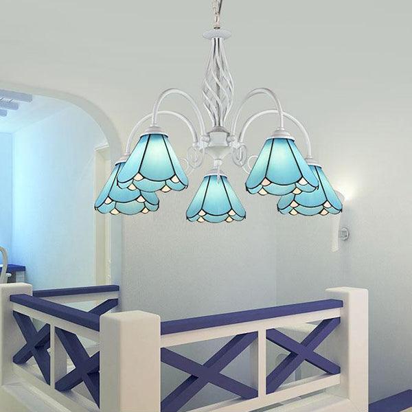 5 Lights Cone Hanging Light with Metal Chain Blue Chandelier - Rebooters