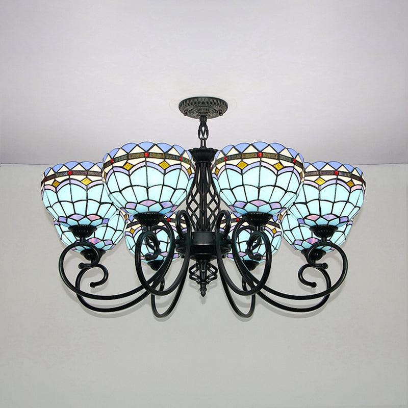 Baroque Indoor Pendant Light with Bowl Shade Stained Glass Ceiling Chandelier in Blue for Hotel - Rebooters