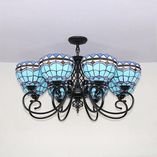 Baroque Indoor Pendant Light with Bowl Shade Stained Glass Ceiling Chandelier in Blue for Hotel - Rebooters