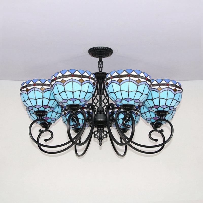 Baroque Indoor Pendant Light with Bowl Shade Stained Glass Ceiling Chandelier in Blue for Hotel - Rebooters