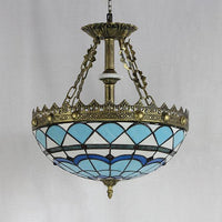 Baroque Bowl Hanging Pendant Light Stained Glass 3 Bulbs Blue - Rebooters