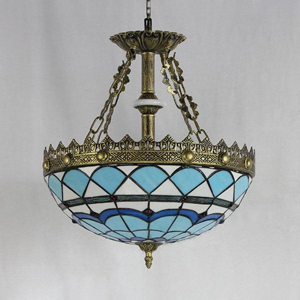 Baroque Bowl Hanging Pendant Light Stained Glass 3 Bulbs Blue - Rebooters