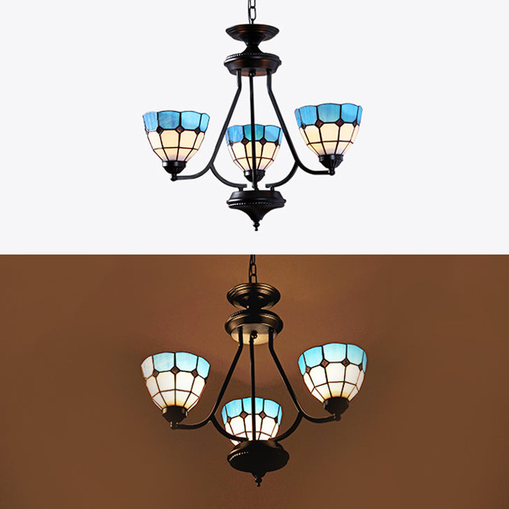 3 Lights Bowl Hanging Light with Metal Chain Adjustable Blue Glass Baroque Chandelier - Rebooters