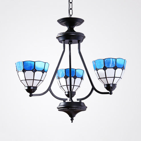 3 Lights Bowl Hanging Light with Metal Chain Adjustable Blue Glass Baroque Chandelier - Rebooters