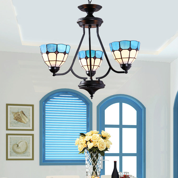 3 Lights Bowl Hanging Light with Metal Chain Adjustable Blue Glass Baroque Chandelier - Rebooters