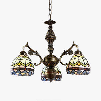 3 Lights Semi Globe Chandelier with Hanging Chain Stained Glass Baroque Ceiling Pendant in Blue - Rebooters