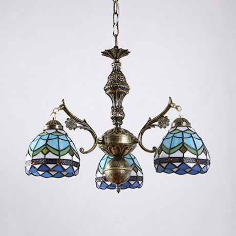 3 Lights Semi Globe Chandelier with Hanging Chain Stained Glass Baroque Ceiling Pendant in Blue - Rebooters