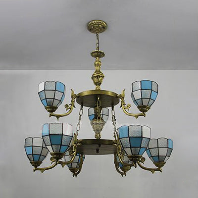 2 Tiers Bowl Hanging Chandelier with 10 Inch Chain 9 Lights Stained Glass - Rebooters