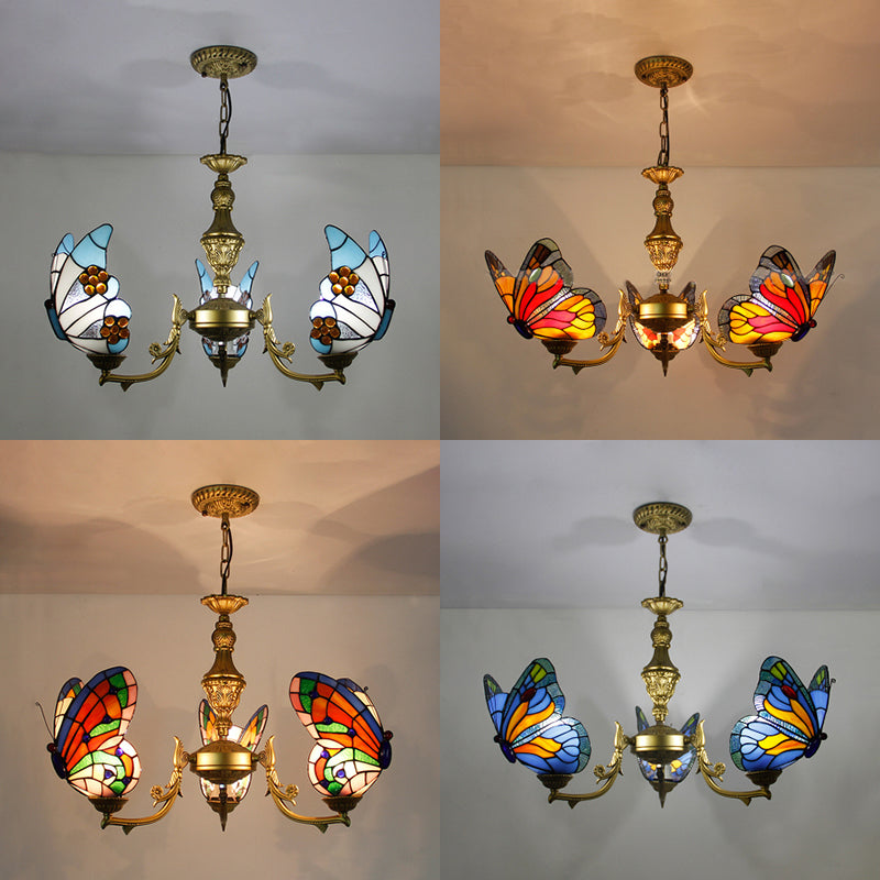 3 Lights Butterfly Hanging Light Stained Glass Chandelier - Rebooters