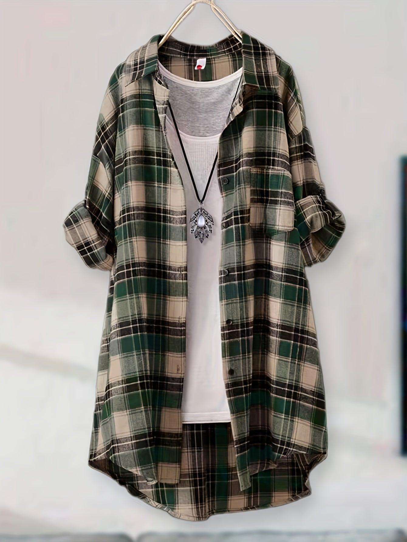 Plaid Button-Up Longline Shirt For Women - Cozy Style Rebooters Womens Shirts