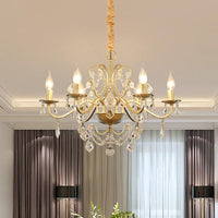 6 Bulbs Candle Hanging Chandelier Country Style Gold Finish Crystal Swag Light - Rebooters