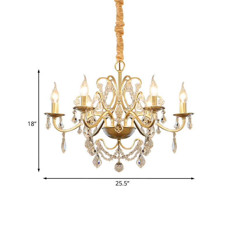6 Bulbs Candle Hanging Chandelier Country Style Gold Finish Crystal Swag Light - Rebooters