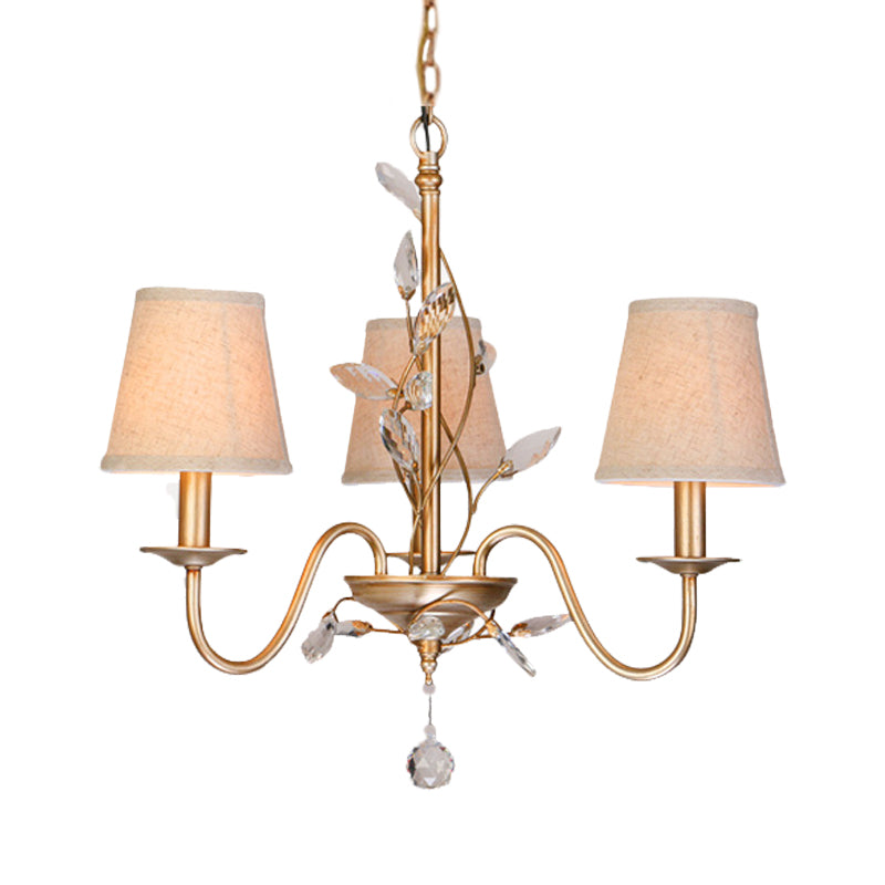 3 Lights Hanging Lighting Traditional Branch Faceted Crystal Chandelier Lamp in Gold with Barrel Burlap Shade - Rebooters