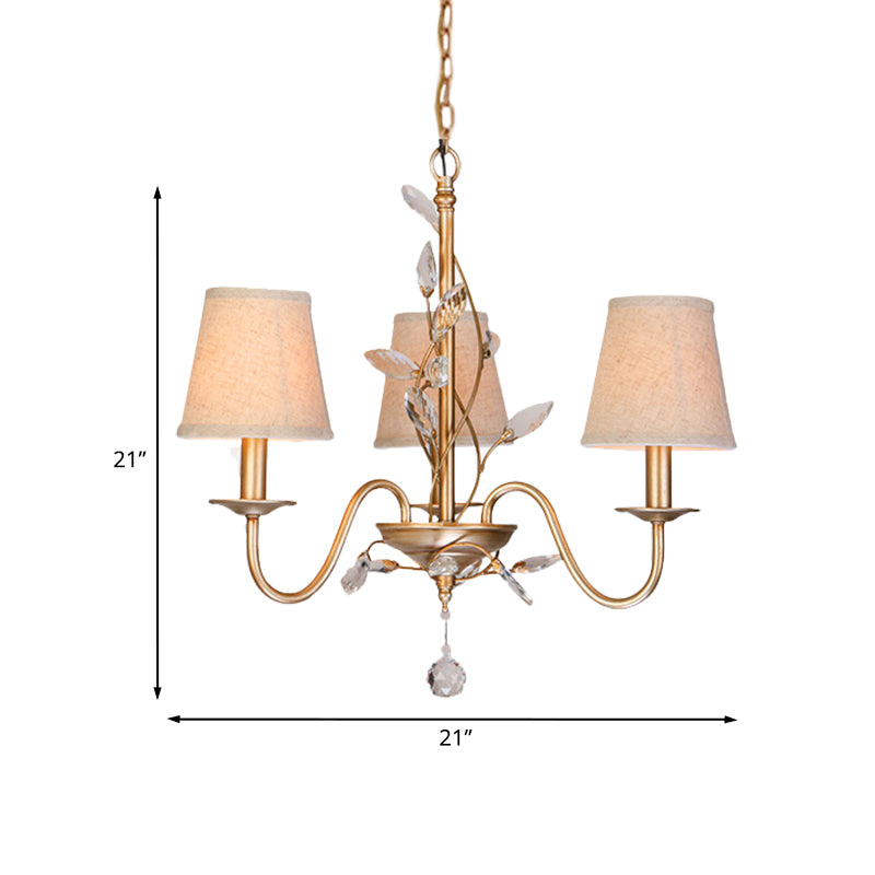 3 Lights Hanging Lighting Traditional Branch Faceted Crystal Chandelier Lamp in Gold with Barrel Burlap Shade - Rebooters