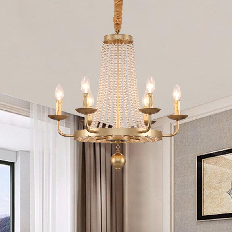 6-Light Ring Hanging Chandelier Country Style Gold Finish Crystal Strand Candle Ceiling Lamp Fixture - Rebooters