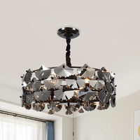 6 Lights Pendant Chandelier Modernist Drum-Shape Crystal Ginkgo Hanging Lamp in Black - Rebooters