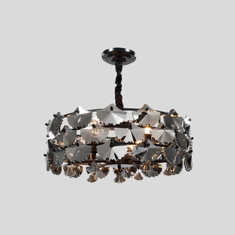 6 Lights Pendant Chandelier Modernist Drum-Shape Crystal Ginkgo Hanging Lamp in Black - Rebooters