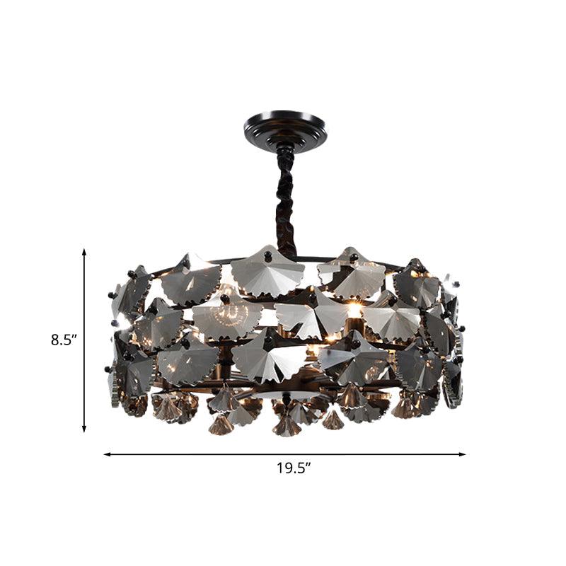 6 Lights Pendant Chandelier Modernist Drum-Shape Crystal Ginkgo Hanging Lamp in Black - Rebooters
