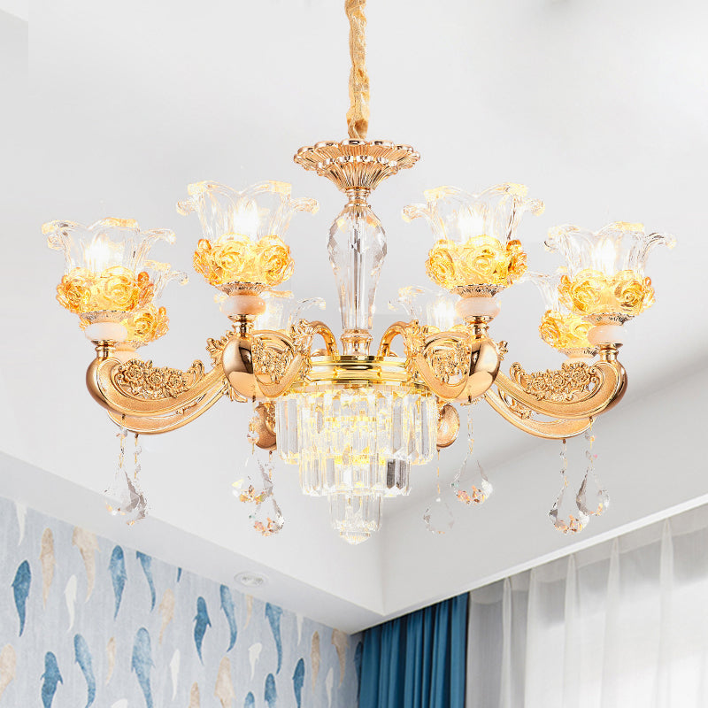 Crystal Flowers Up Chandelier Traditional 8 Bulbs Gold Fixture - Rebooters