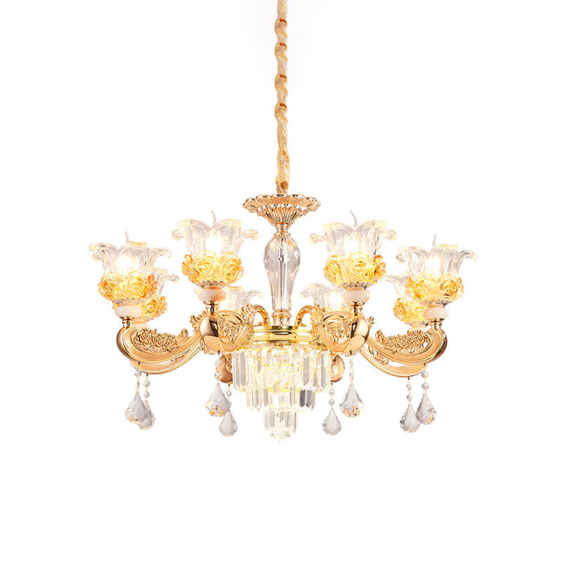 Crystal Flowers Up Chandelier Traditional 8 Bulbs Gold Fixture - Rebooters