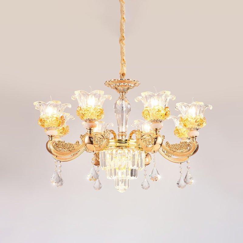 Crystal Flowers Up Chandelier Traditional 8 Bulbs Gold Fixture - Rebooters