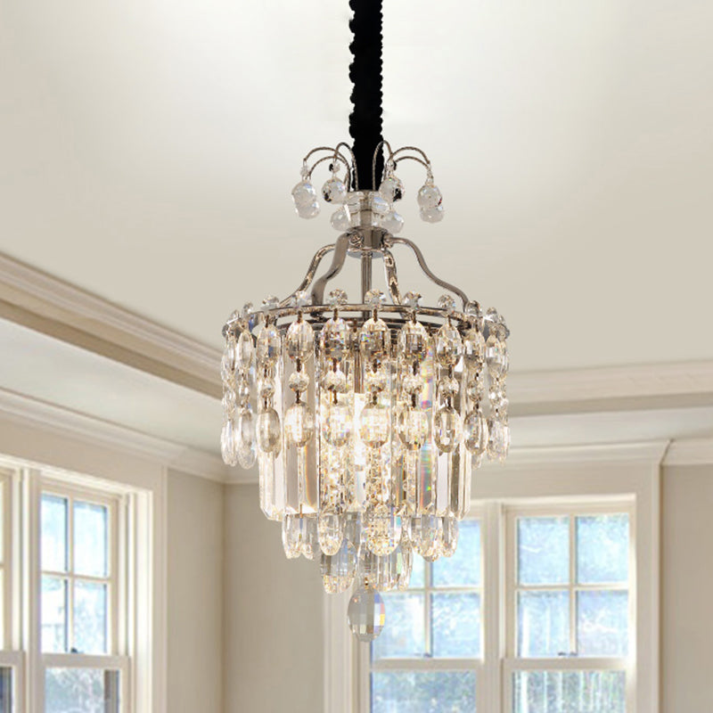 Faceted Cut Crystal Chrome Hanging Lamp Layered 3 Bulbs - Rebooters