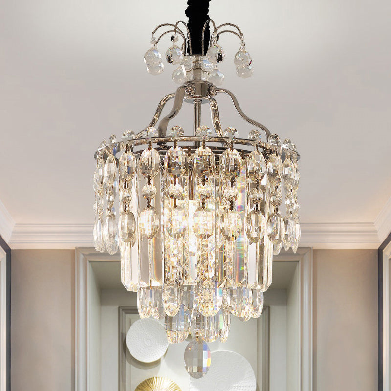 Faceted Cut Crystal Chrome Hanging Lamp Layered 3 Bulbs - Rebooters
