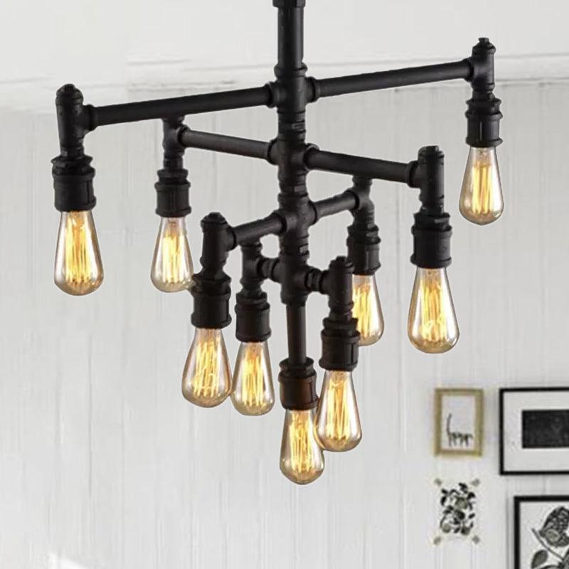 9/13 Lights Tiered Pendant Light Fixture with Water Pipe Farmhouse Style Rust Metal Chandelier Lamp - Rebooters