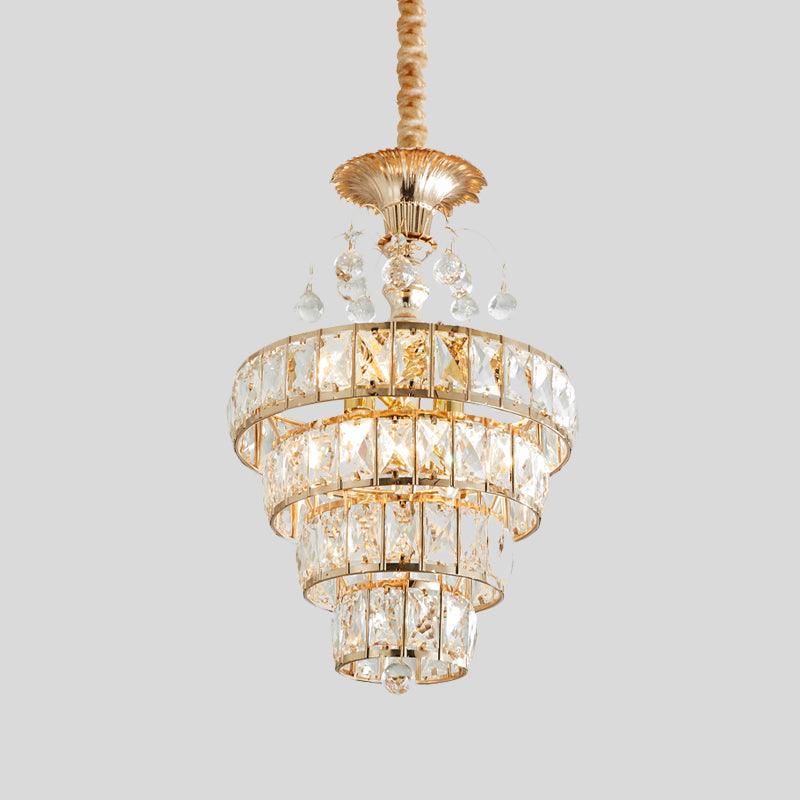 4-Tier Cone Crystal Drop Lamp Traditional 5 Lights Pendant Gold - Rebooters