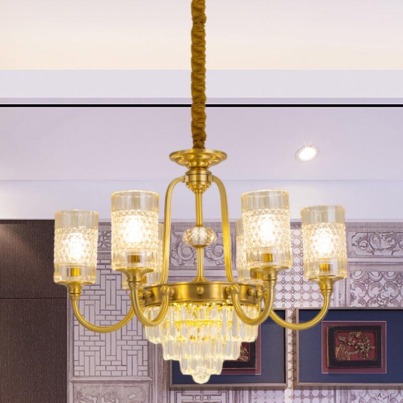 6-Light Pillar Hanging Chandelier Postmodern Gold Textured Glass - Rebooters
