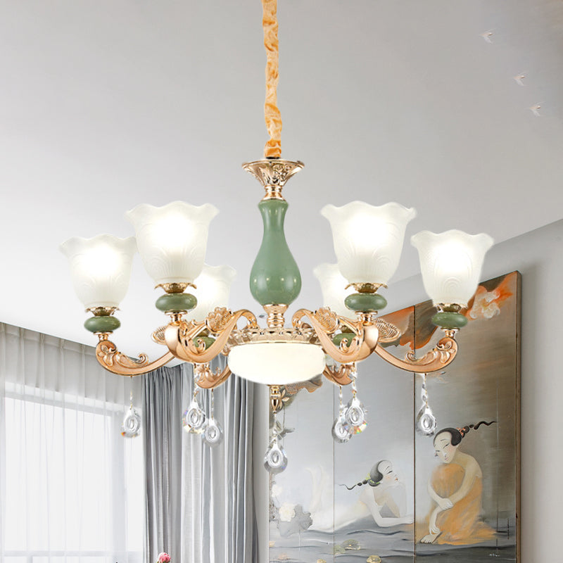 Floral Bedroom Up Chandelier Antique Milk Frosted Glass 3/6 Bulbs Gold and Green - Rebooters