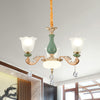 Floral Bedroom Up Chandelier Antique Milk Frosted Glass 3/6 Bulbs Gold and Green - Rebooters