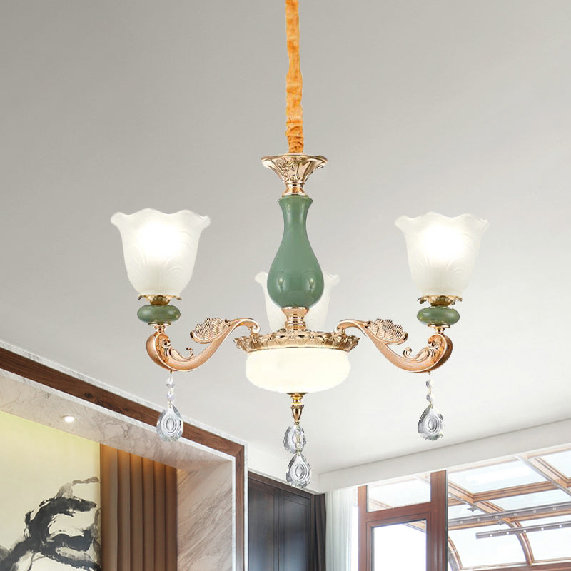 Floral Bedroom Up Chandelier Antique Milk Frosted Glass 3/6 Bulbs Gold and Green - Rebooters