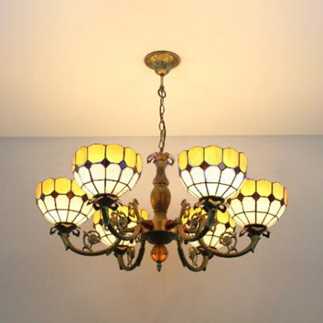 Yellow Grid Bowl Pendant Light 6 Lights Tiffany Antique Chandelier - Rebooters