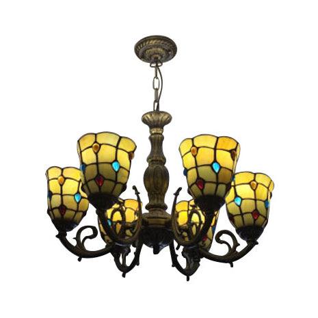 6 Bulbs Bell Hanging Light with Bead Tiffany Vintage Glass Chandelier in Yellow - Rebooters